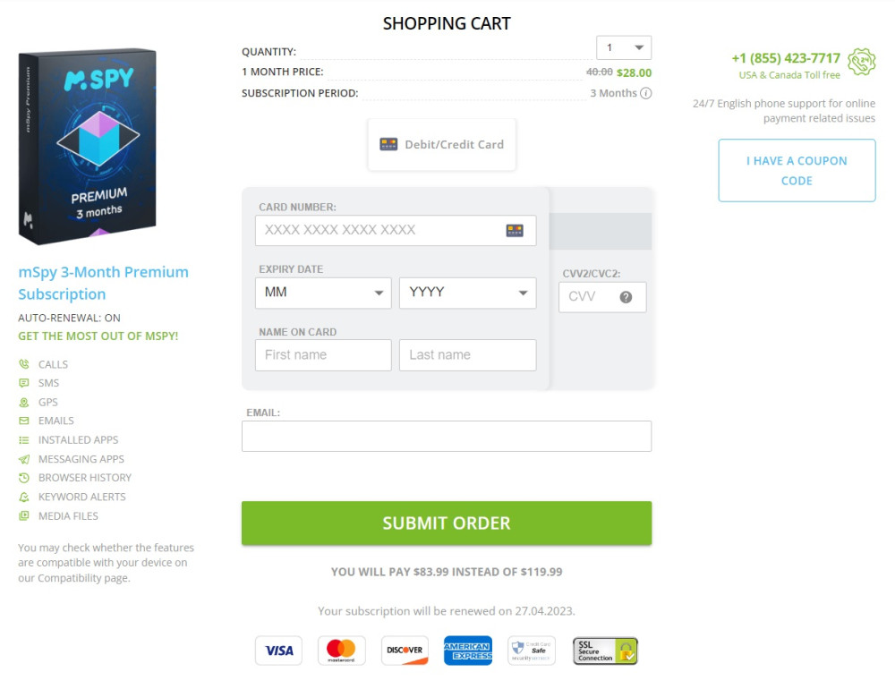 Payment for an mSpy subscription